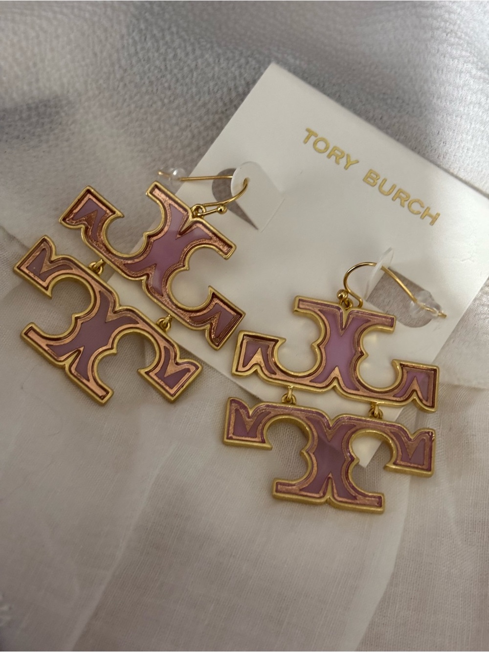 Tory Burch Gold-Tone Earrings with Pink Enamel Double-Logo Drops